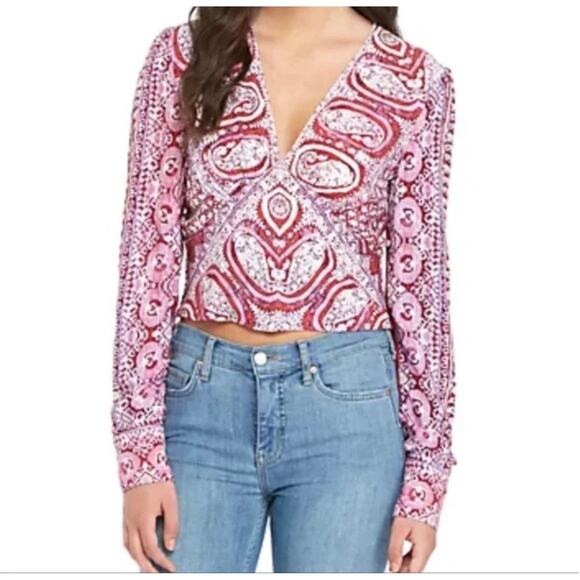 Free People Boho Crop Top S Wild & Free Pink Paisley Long Sleeve - Picture 2 of 8
